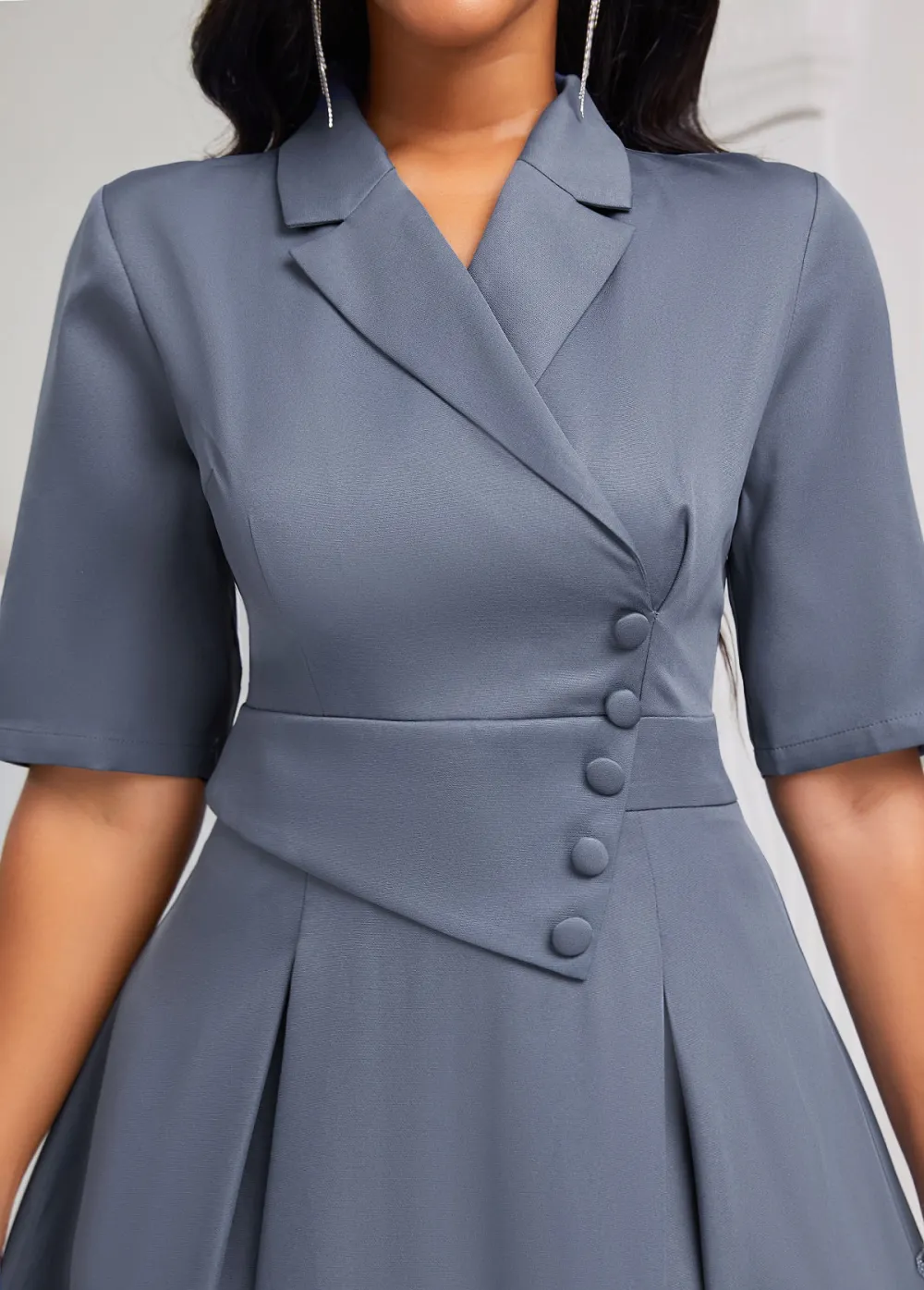 Dusty Blue Lapel Half Sleeve Asymmetry Dress