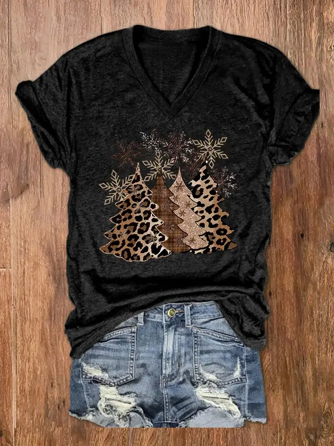 Women's Leopard   Tree Print V-Neck T-Shirt