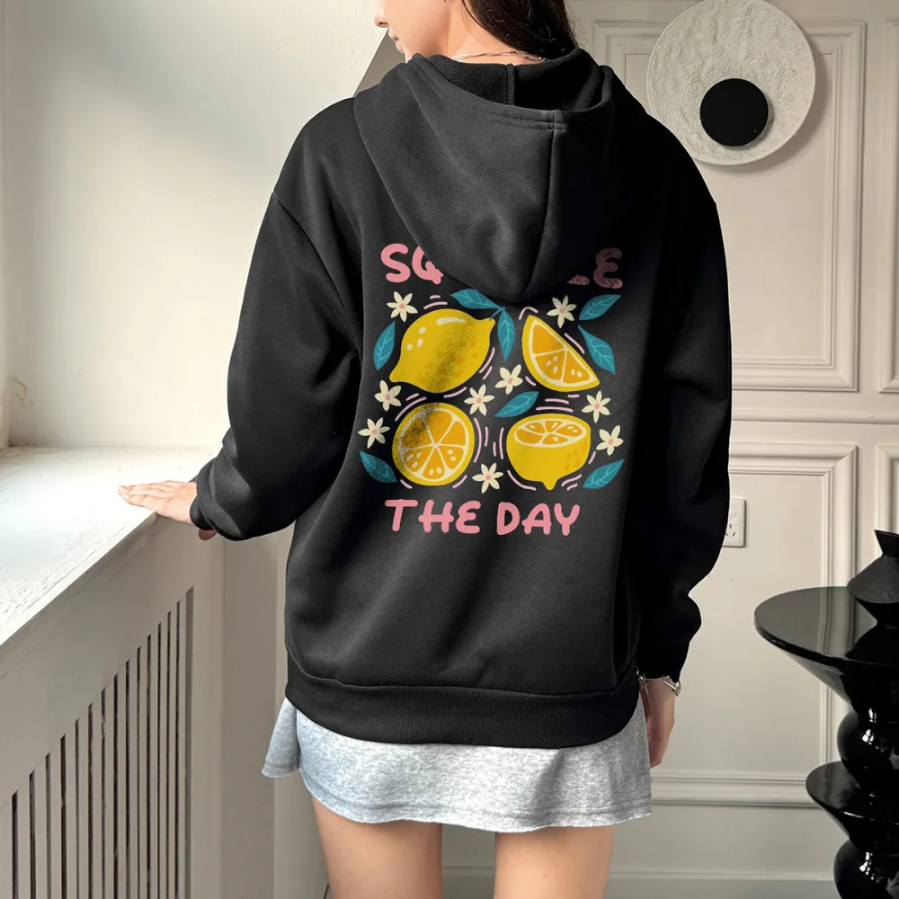 SQUEEZE THE DAY PATTERN PRINTED HOODIE