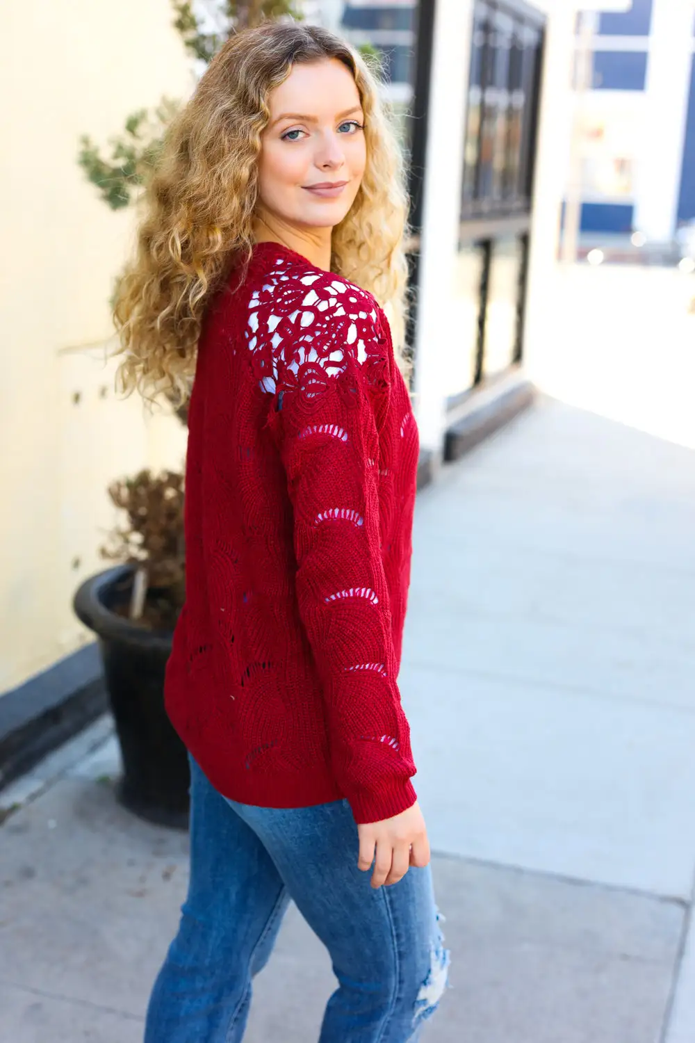 Holiday Casual Chic Burgundy Pointelle Lace Shoulder Knit Sweater