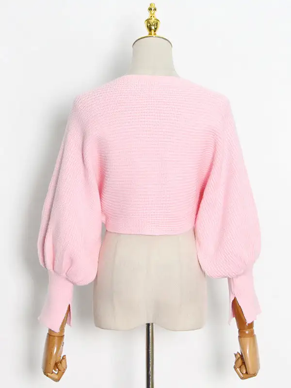 Casual Solid Color Round-Neck Bishop Sleeve Sweater Tops