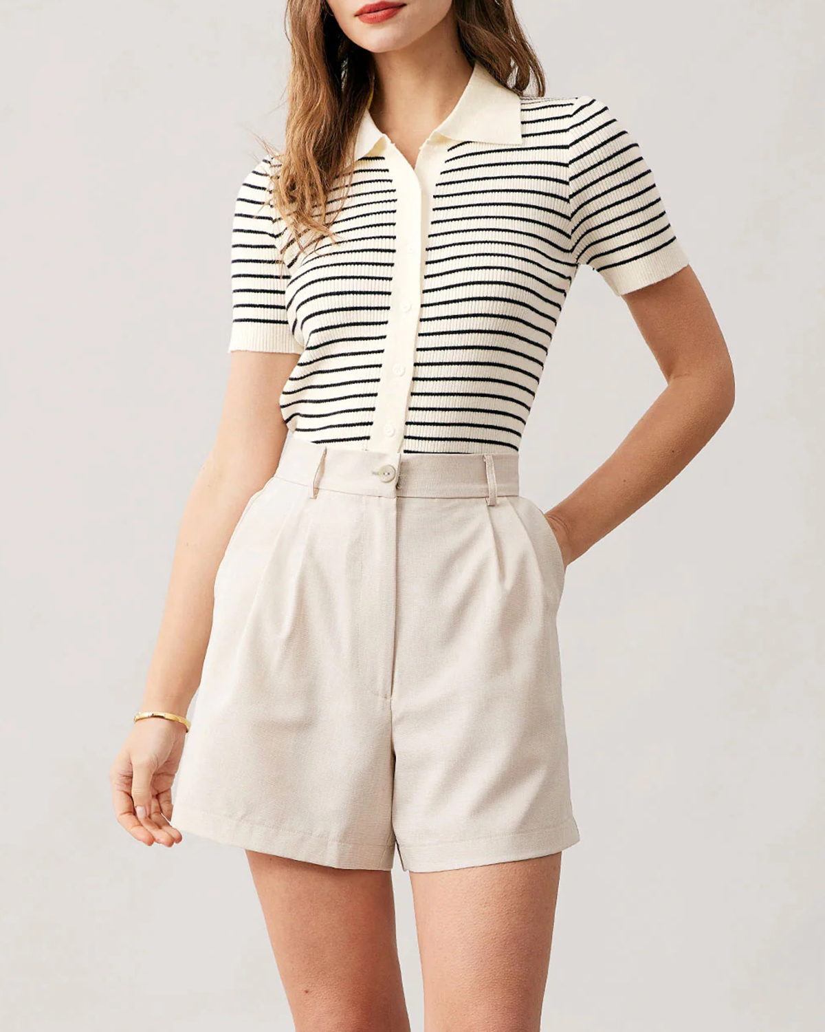 The Lapel Button Up Striped Knit Top