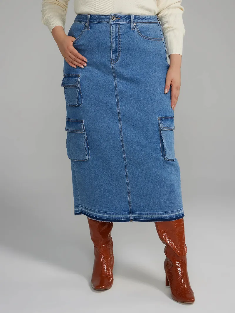 Cargo Denim Midi Skirt