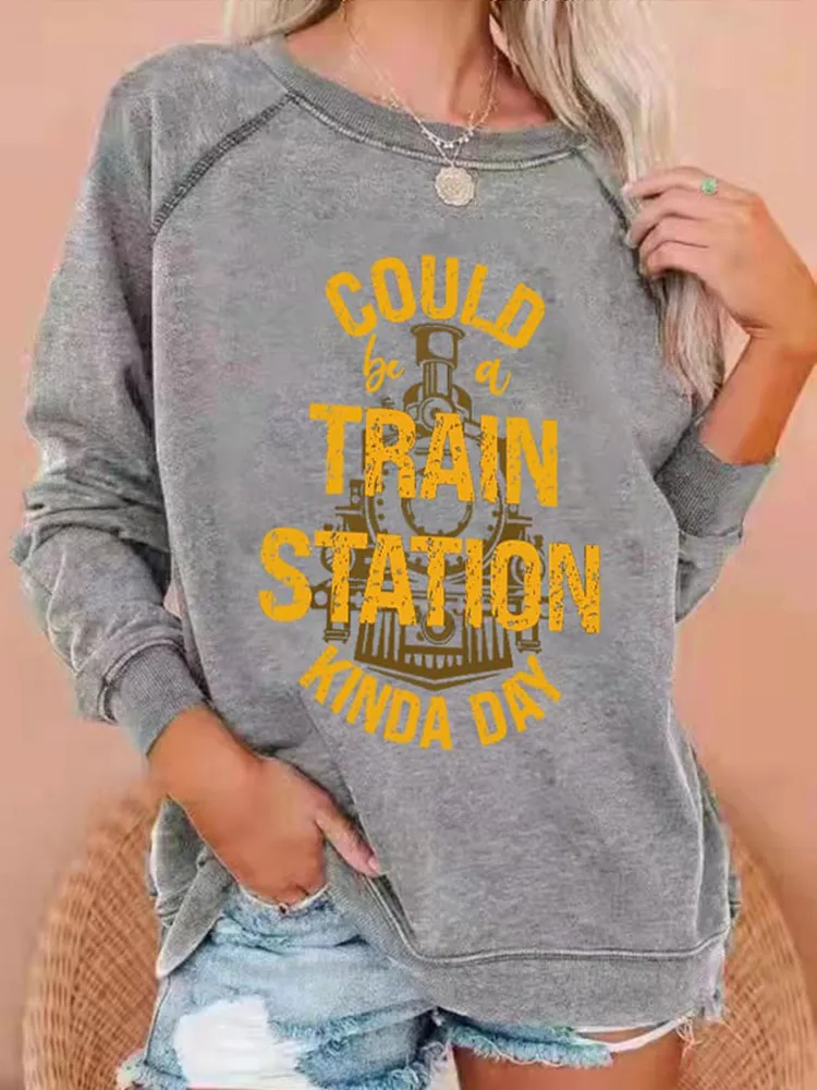 Western Train Print Long Sleeve Casual Sweatshirt