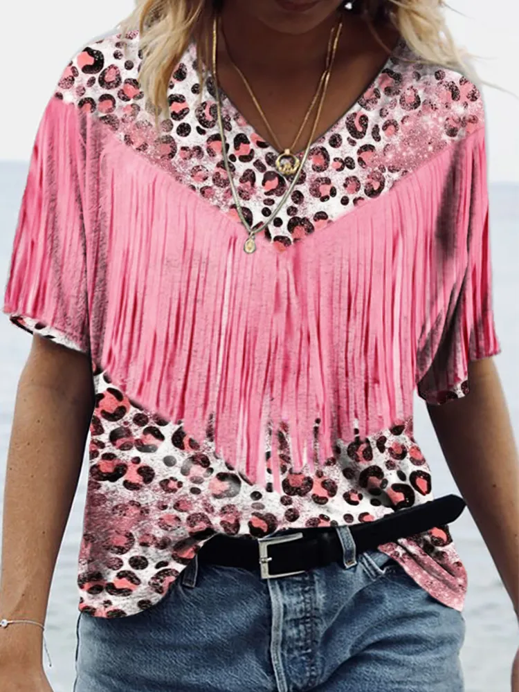 Western Tassels Leather Art Leopard V Neck T Shirt