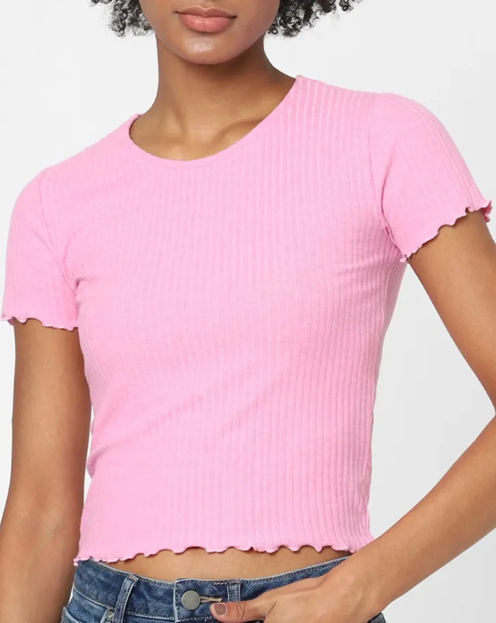 Pink Ribbed Cropped T-shirt