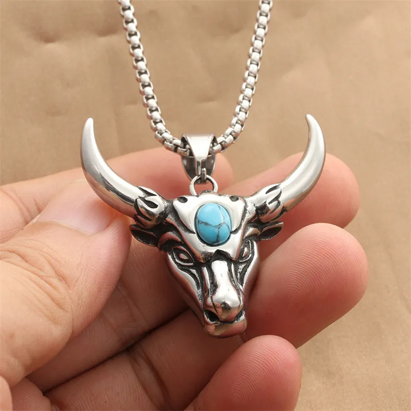 Stainless Steel Turquoise Bull Head Necklace