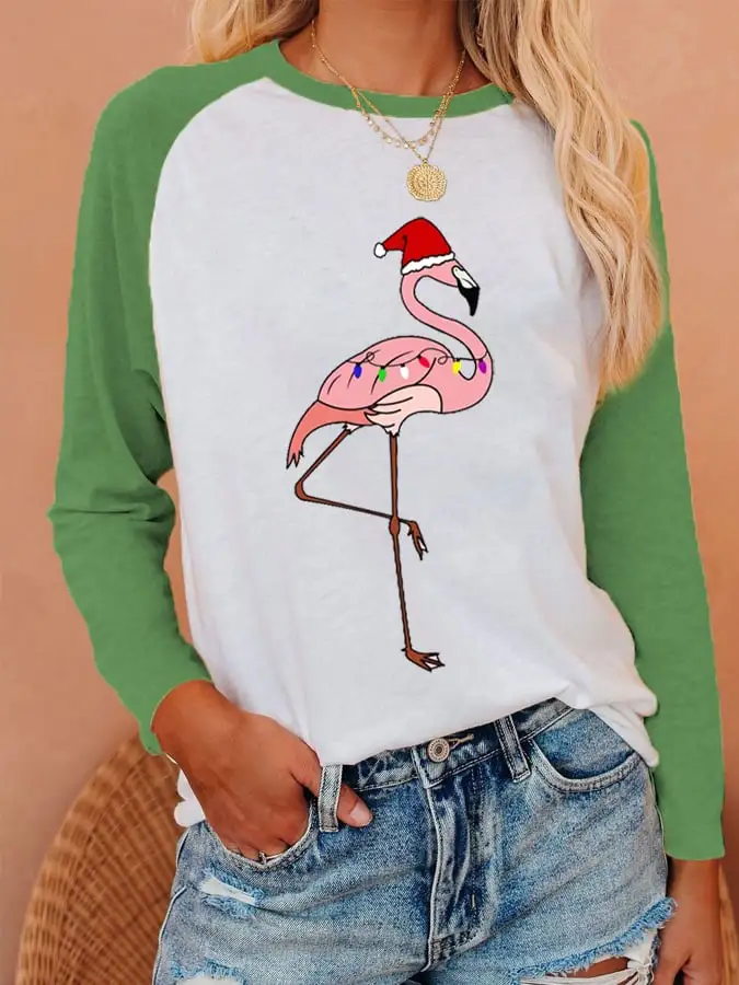 Women's   Flamingo Print Casual Long-Sleeve T-Shirt