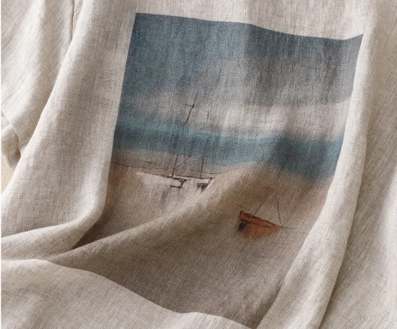 Vintage print cotton and linen T-shirt