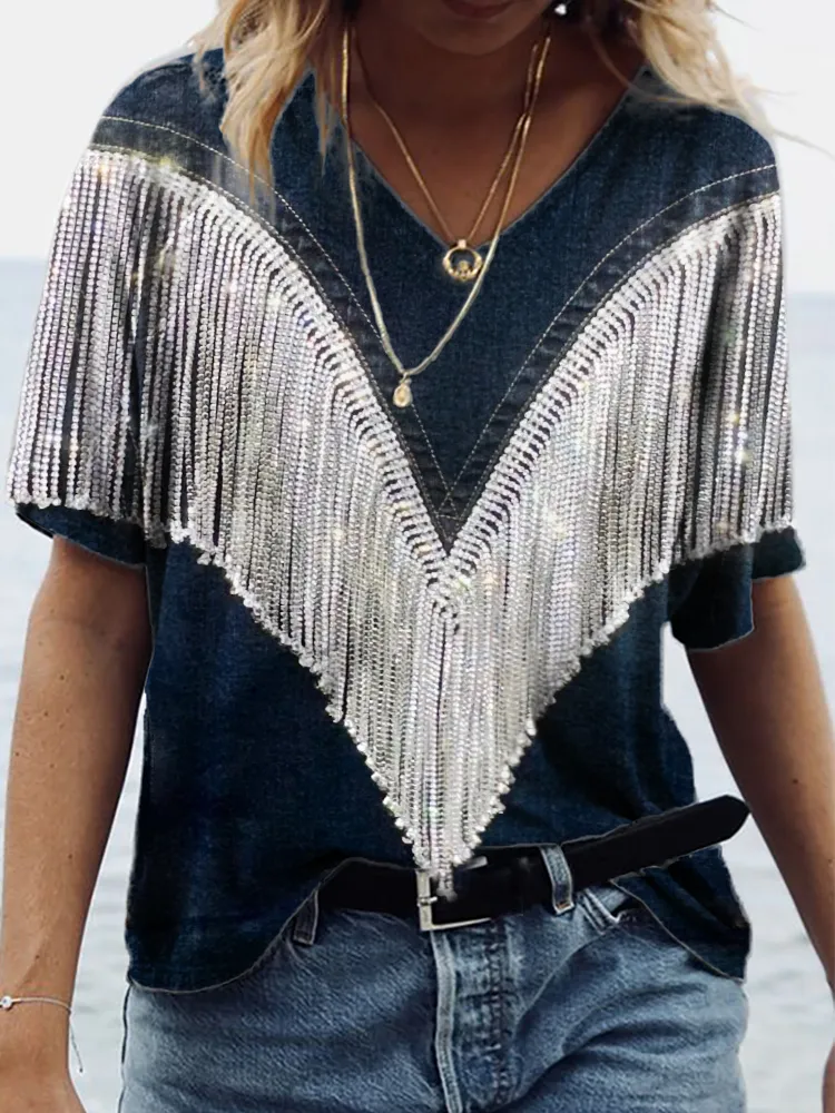 Glitter Rhinestone Fringe V Neck T Shirt