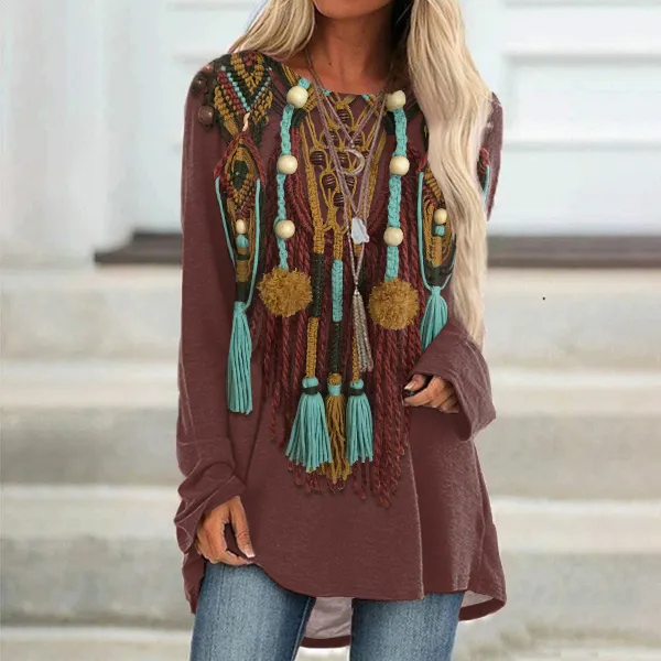 Vintage Western Ethnic Tassel Print Long Sleeves Tunic