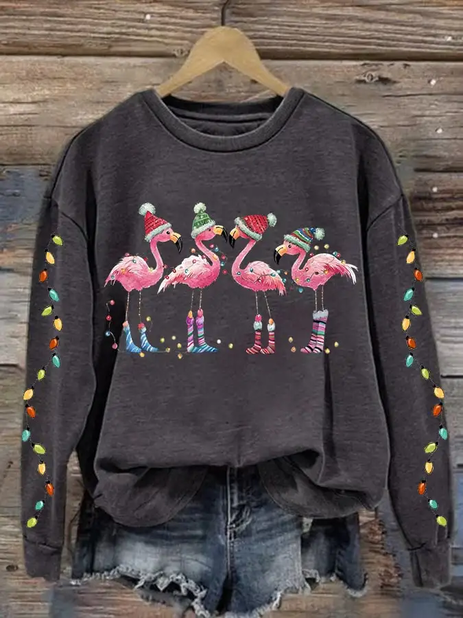 Women's Christmas Flamingo Print Crewneck Sweatshirt