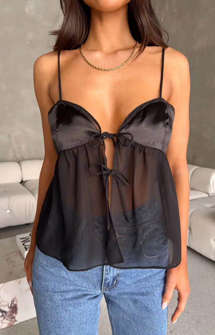 Love On Black Satin Cami Top