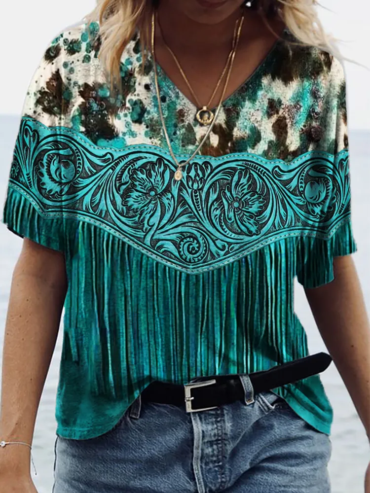 Turquoise Bleach Cowhide Floral Leather Art T Shirt