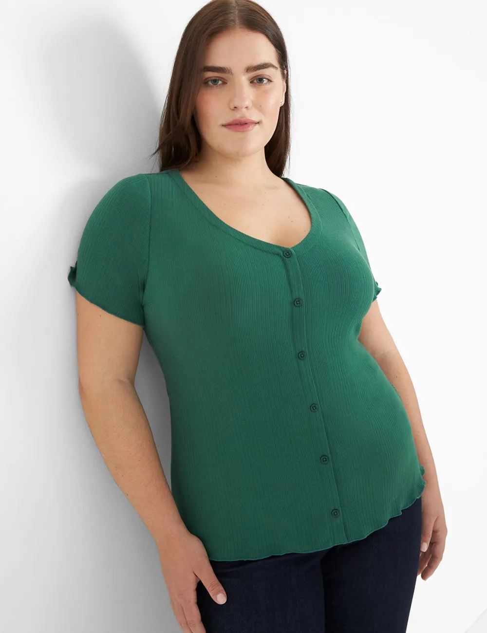 Fitted V-Neck Button-Front Tee