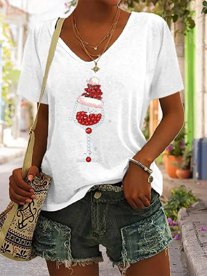 Women's Shiny Christmas Hat Red Wine Glass Casual V-Neck Tee