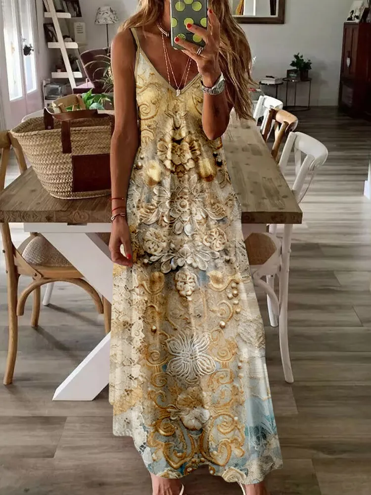 Vintage Lace Collage Art V Neck Cami Maxi Dress