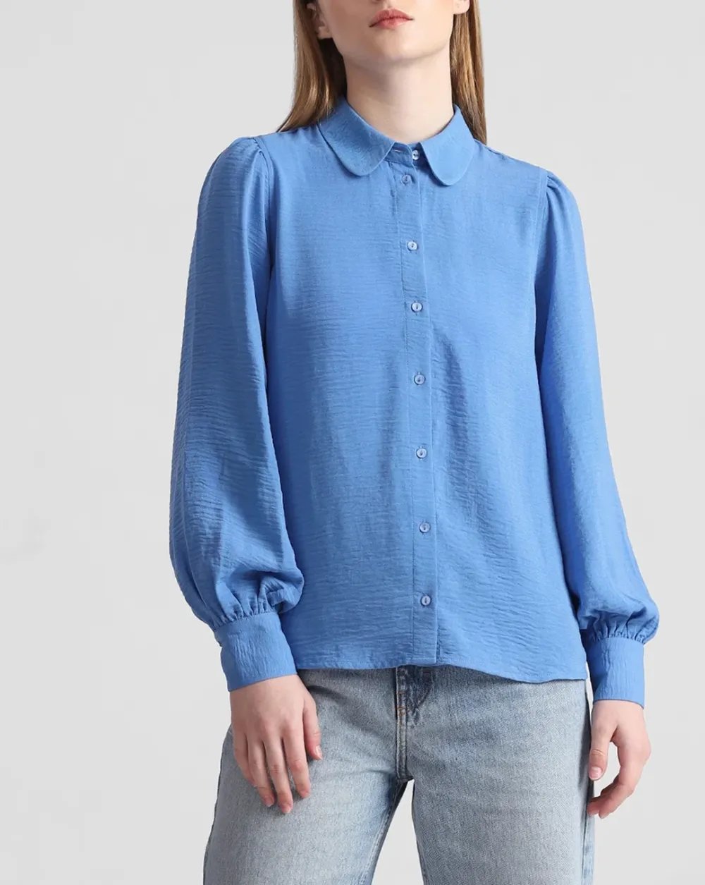 Blue Puff Sleeves Textured Shirt