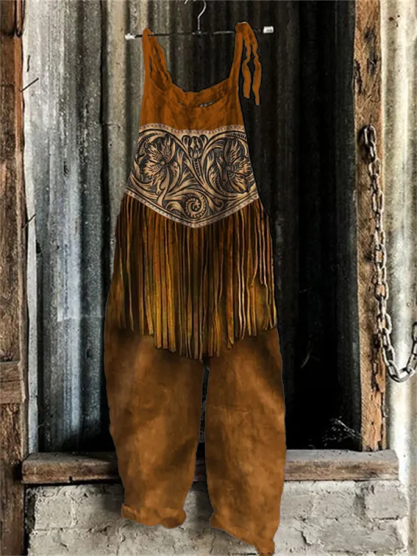 Western Floral Leather Tassels Jumpsuit