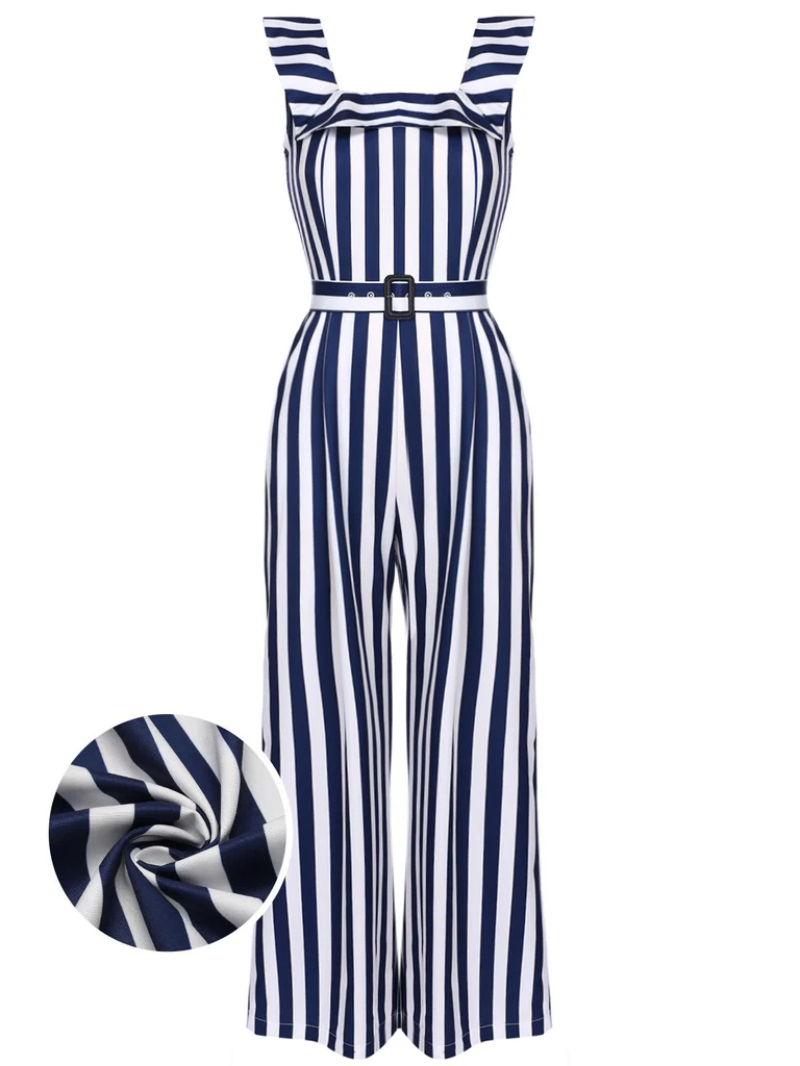 BLUE 1930S STRIPED RUFFLE JUMPSUIT