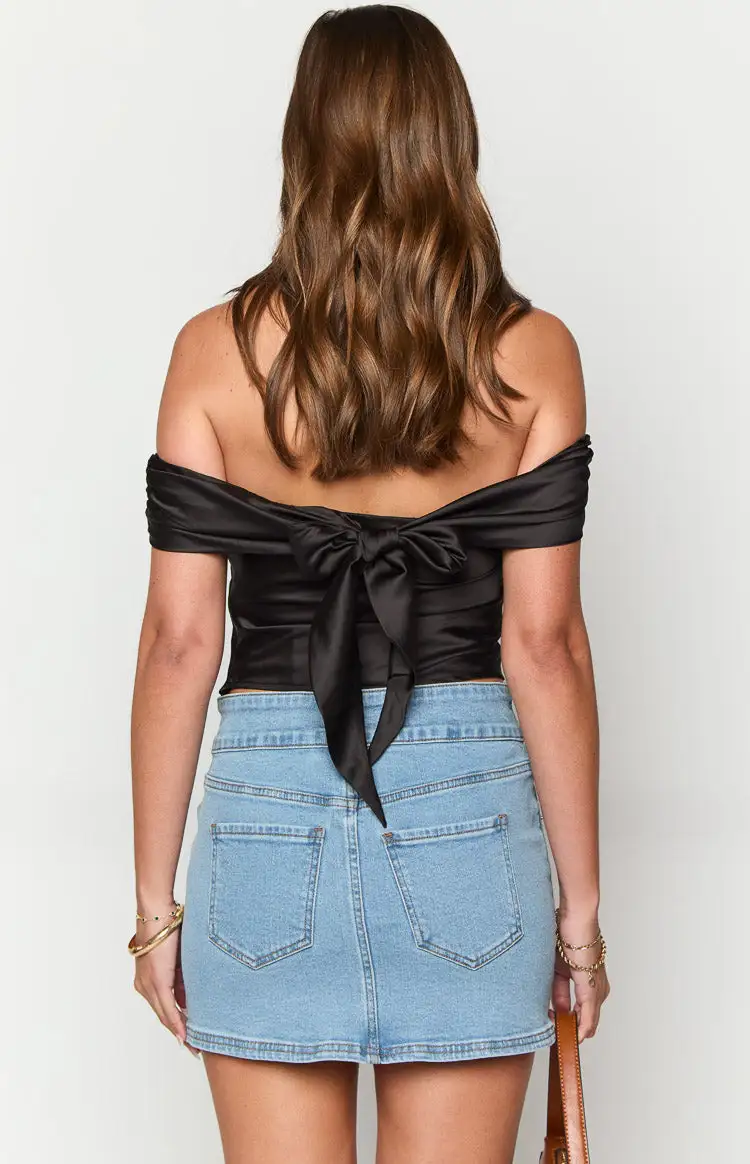 Primrose Black Satin Off the Shoulder Crop Top