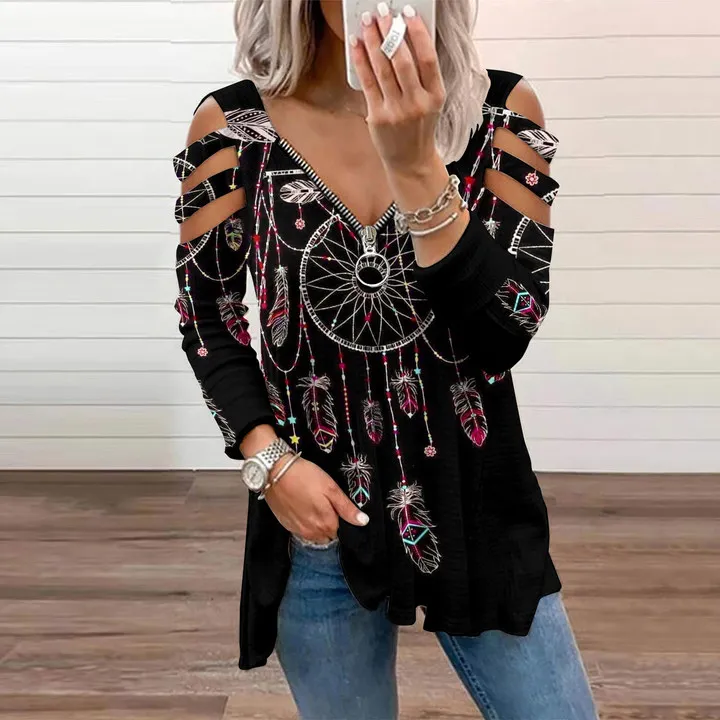 Western Feather Print Off Shoulder Long Sleeve T-Shirt