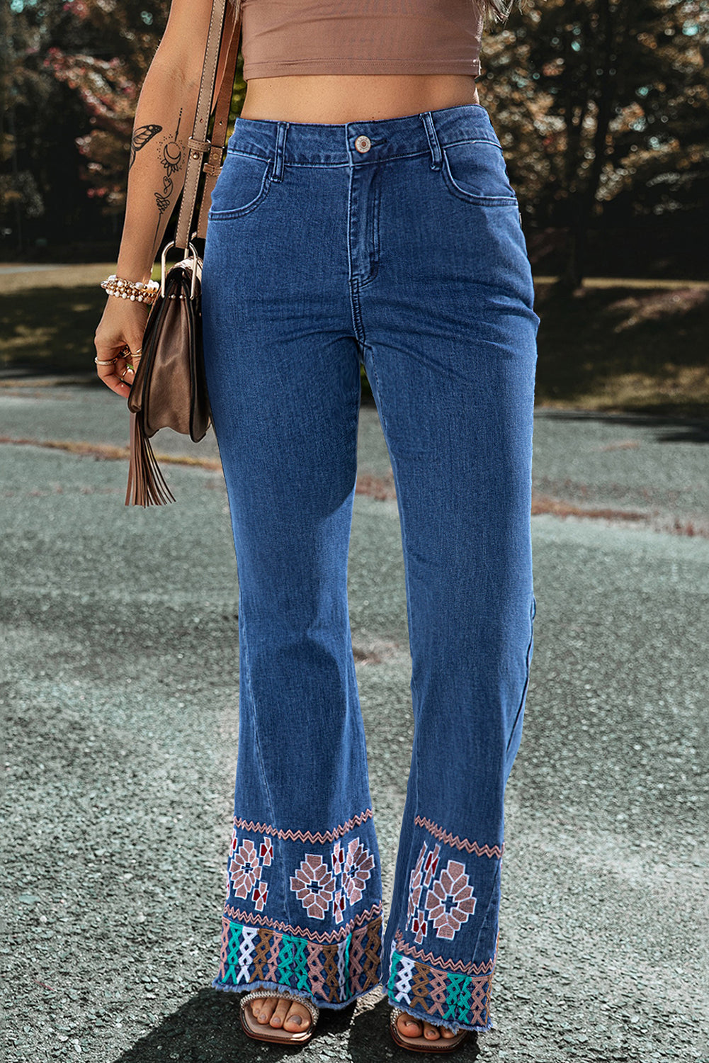 Ashleigh Blue Geometric Embroidered Raw Hem Flared Jeans