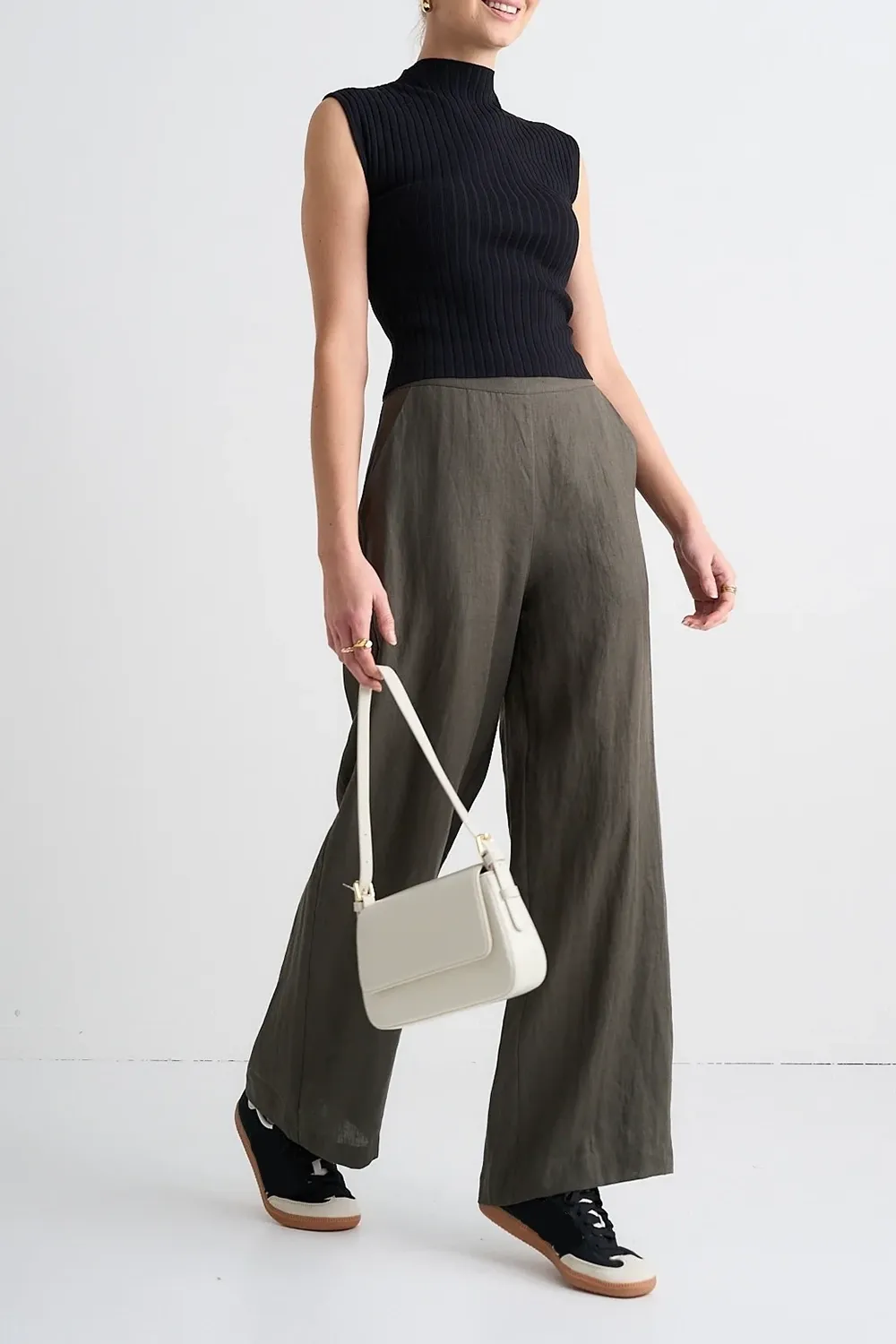 Freedom Dark Olive Linen Flat Front Deep Waistband Wide Leg Pant