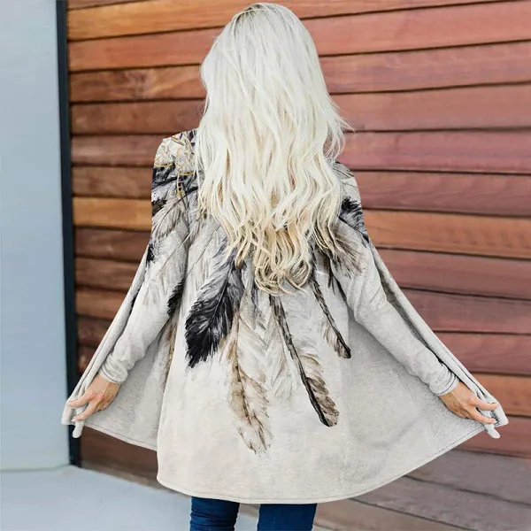 Western Feather Print Long Sleeve Cardigan