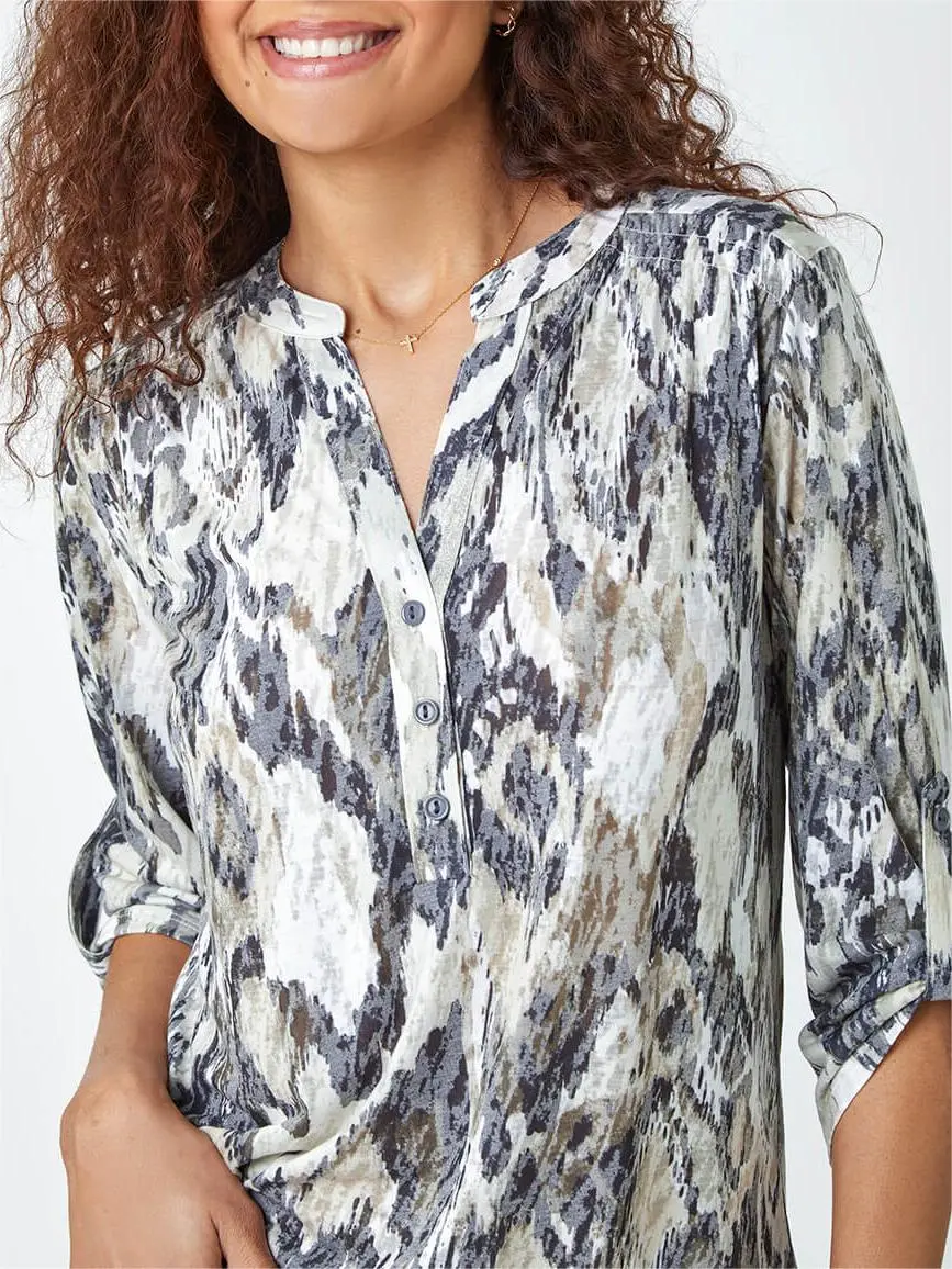 Grey Textured Animal Print V-Neck Stretch Shirt