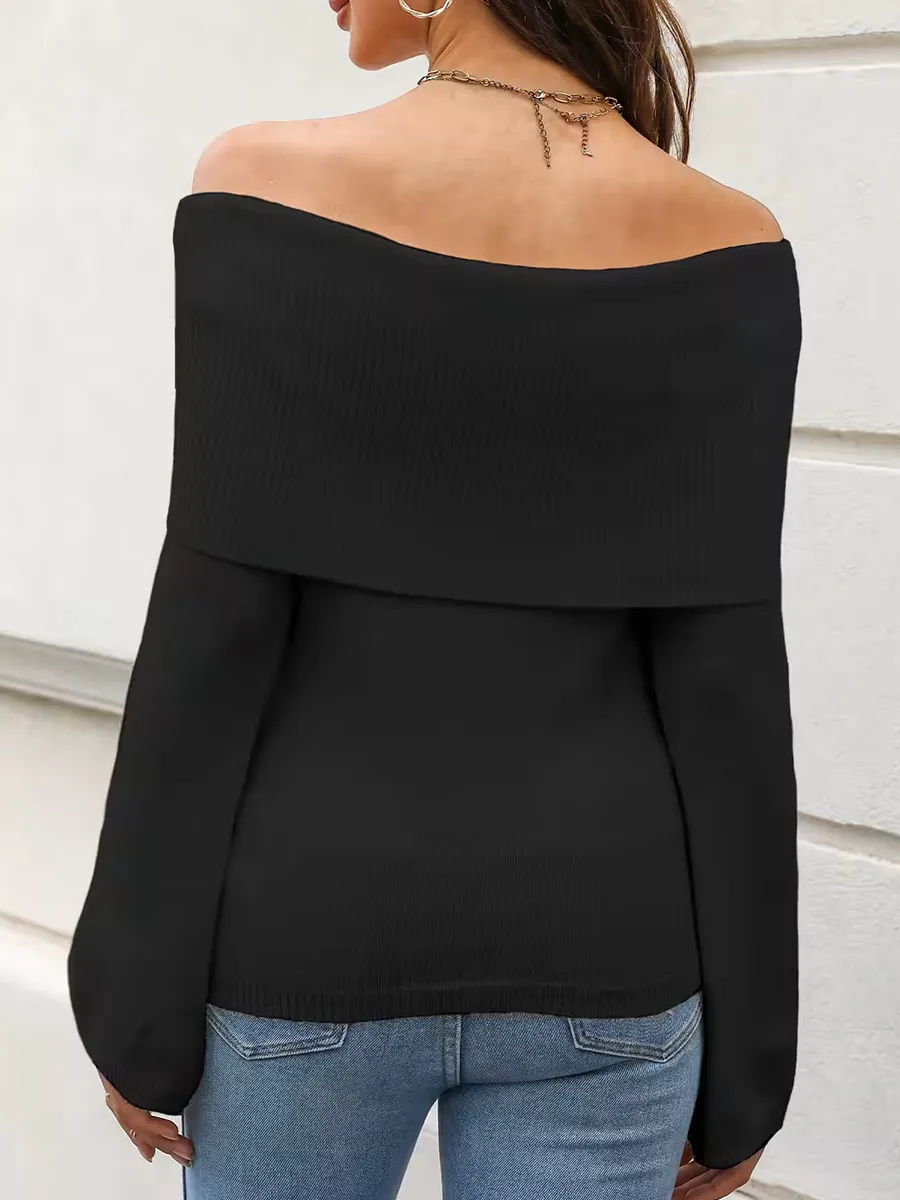 Women's black folded off-shoulder sweater