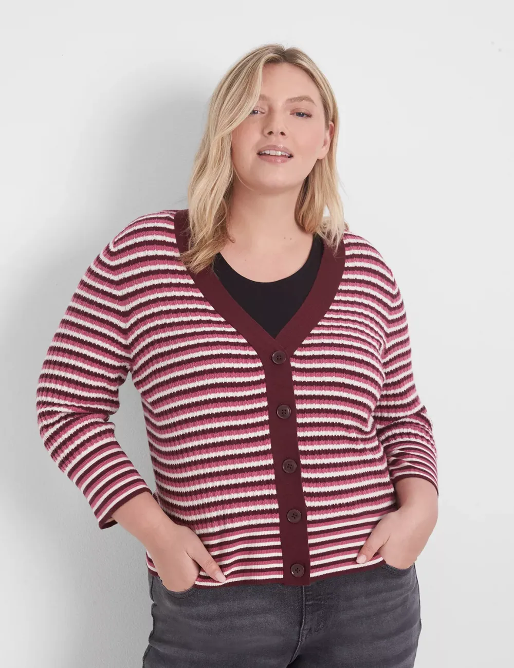 Classic 3/4-Sleeve V-Neck Button-Front Cardigan - Stripe