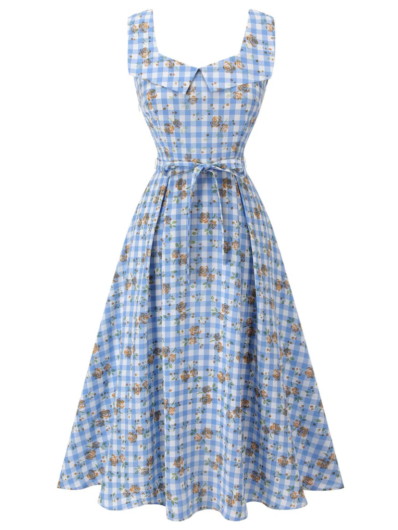 BLUE 1940S ROSE PLAID LACE UP DRESS