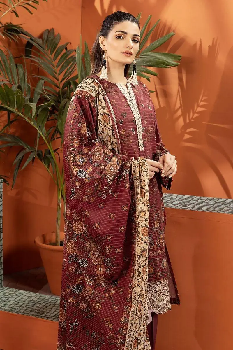 3 Piece Kurta Embroidered | Dupatta& Bottom & Tops | Color Claret