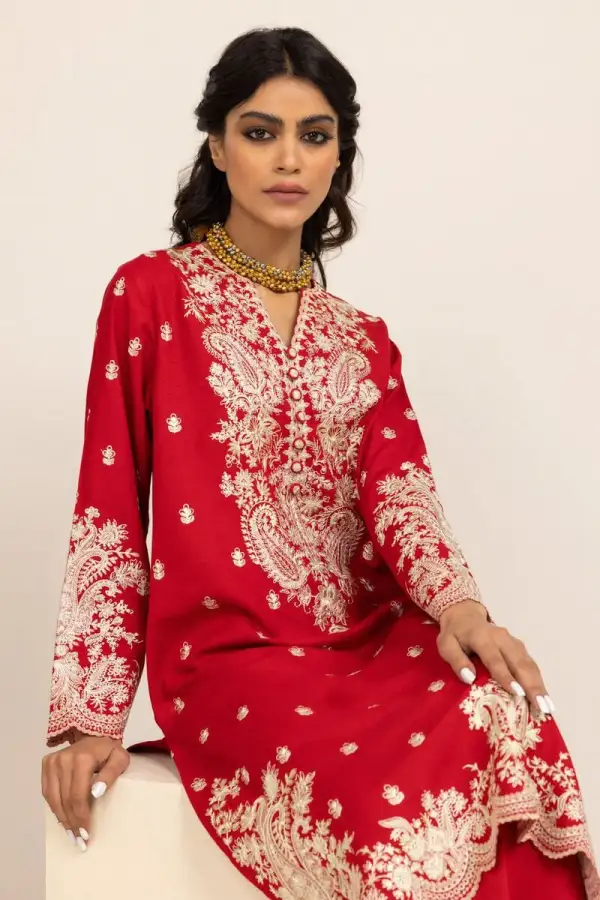 3 Piece Kurta Embroidered | Dupatta& Bottom & Tops | Color Red