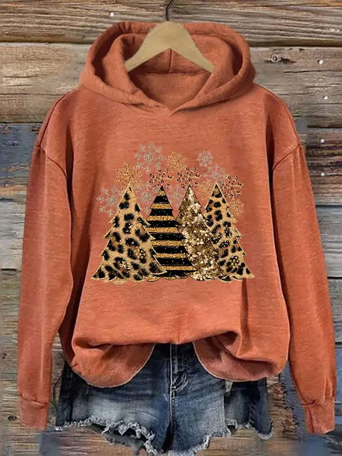 Women's Leopard Stripe Christmas Tree Print Casual Hooded Sweatshirt