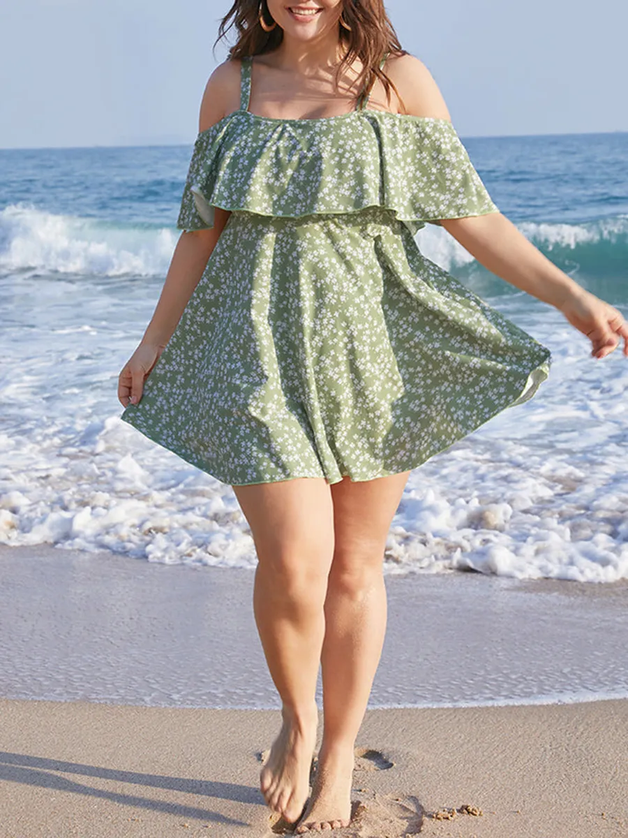 Green ruffled off-the-shoulder one-piece swimsuit