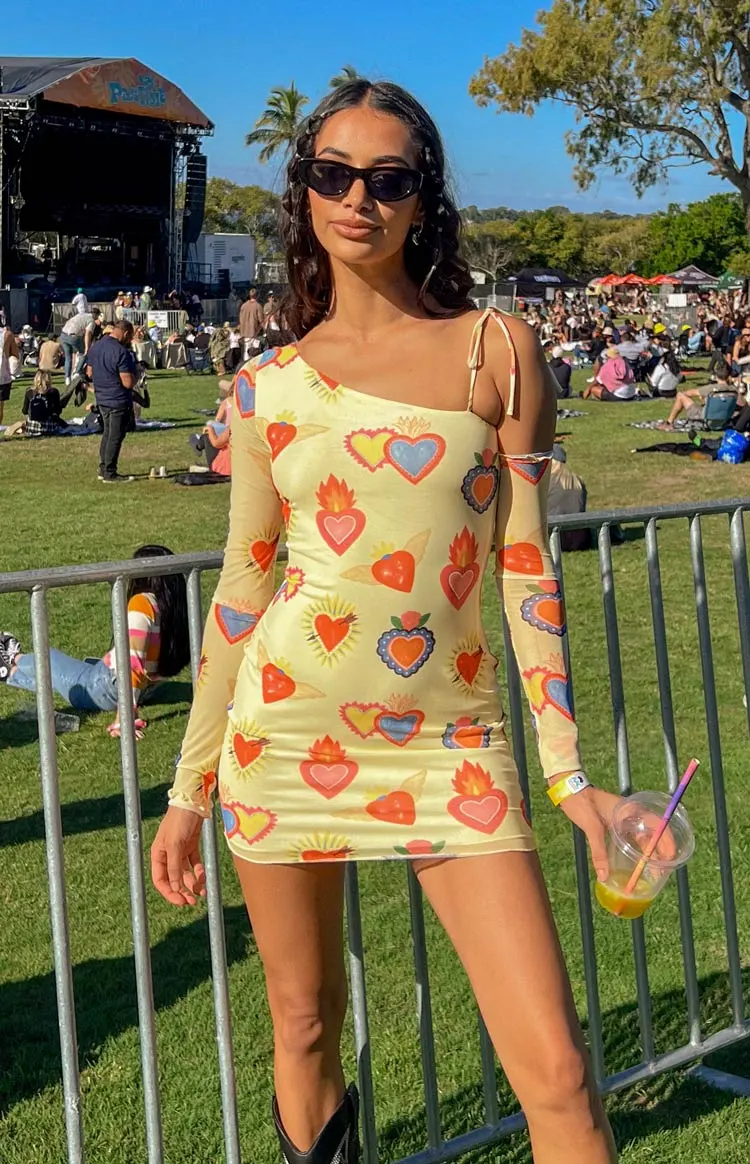 Wild At Heart Yellow Printed Mesh Long Sleeve Mini Dress