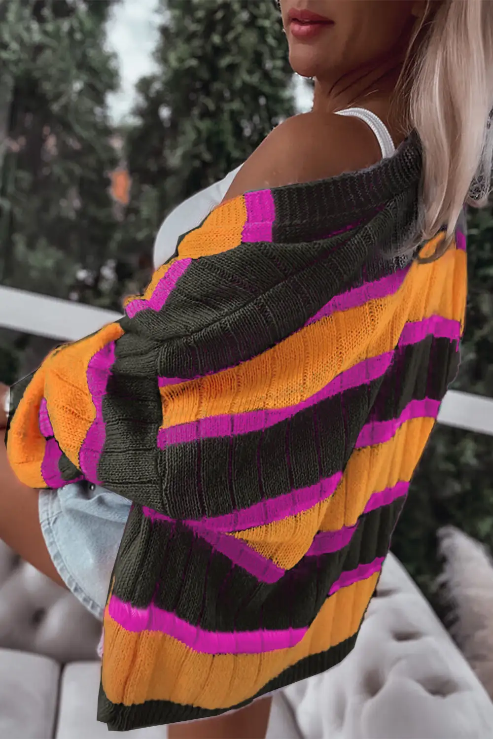 Striped Colorblock Drop Shoulder Slouchy Cardigan