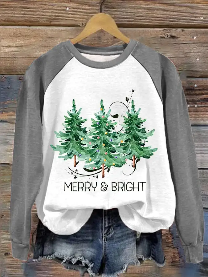 Women's Merry And Bright Christmas Tree Print Casual Sweatshirt