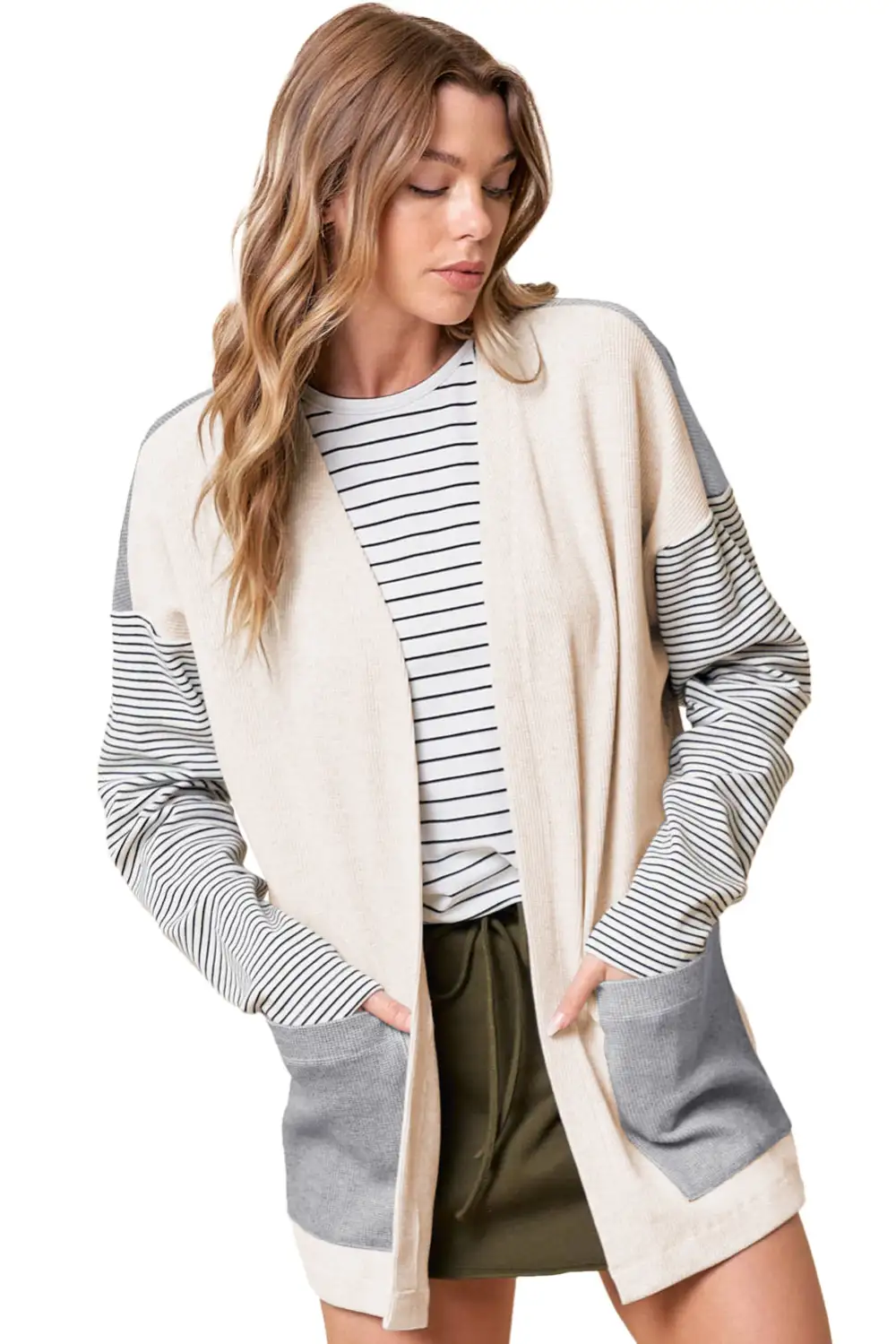 Black Stripe Colorblock Patchwork Open Front Cardigan with Pocket