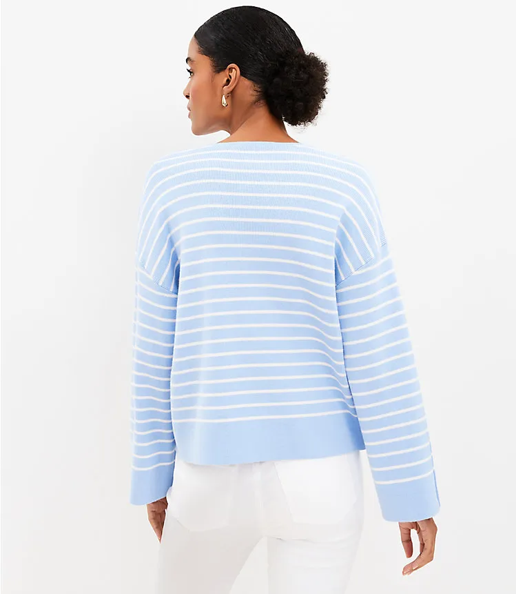 Striped Button Sleeve Split Neck Sweater