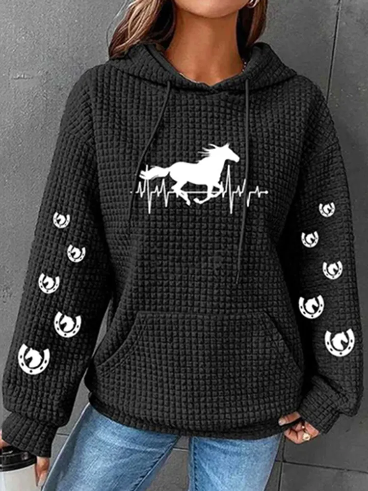 Horse Heartbeat Print Waffle Hoodie