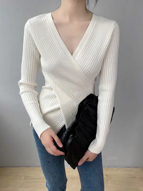 Chic Simple 5 Colors Split-Front V-Neck Long Sleeves Knitted Sweater Tops