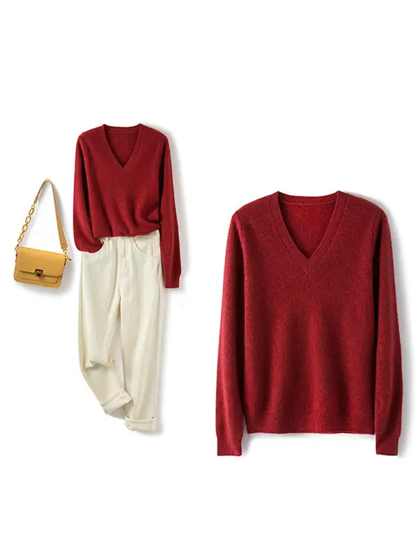 Simple 6 Colors V-Neck Long Sleeves Wool Knitting Sweater