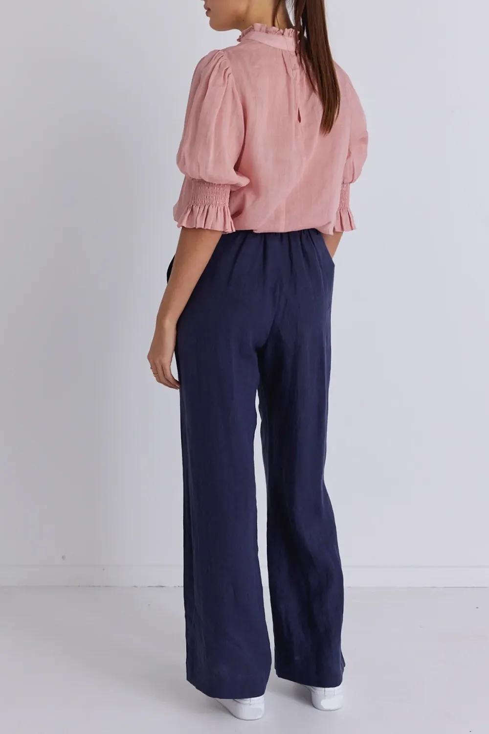 Bestow Navy Linen Elastic Back Wide Leg Pants