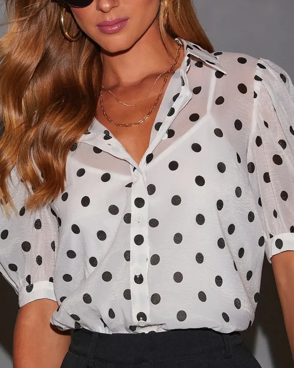 Spotted You Button Down Puff Sleeve Top