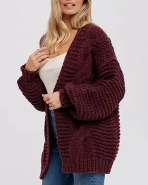 Chunky Cable Cardigan - Maroon