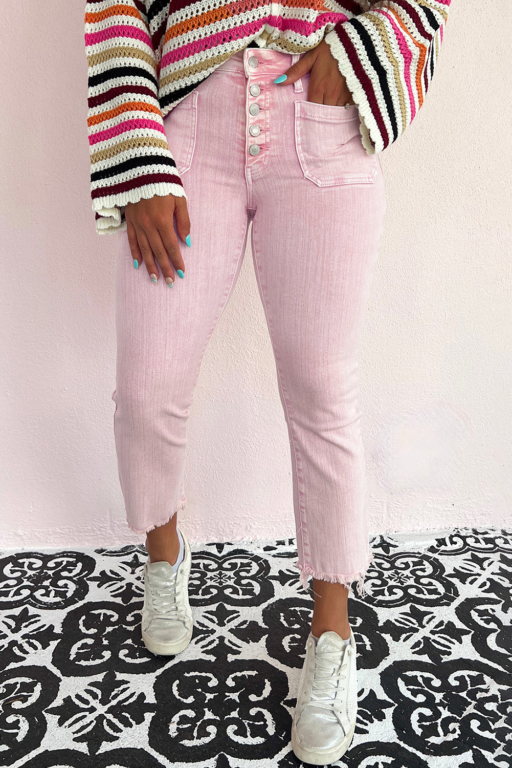 Pink Multi Buttons Raw Edge Crop Jeans