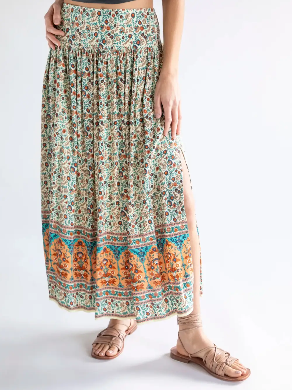 Addie Midi Skirt - Cream Orange Border